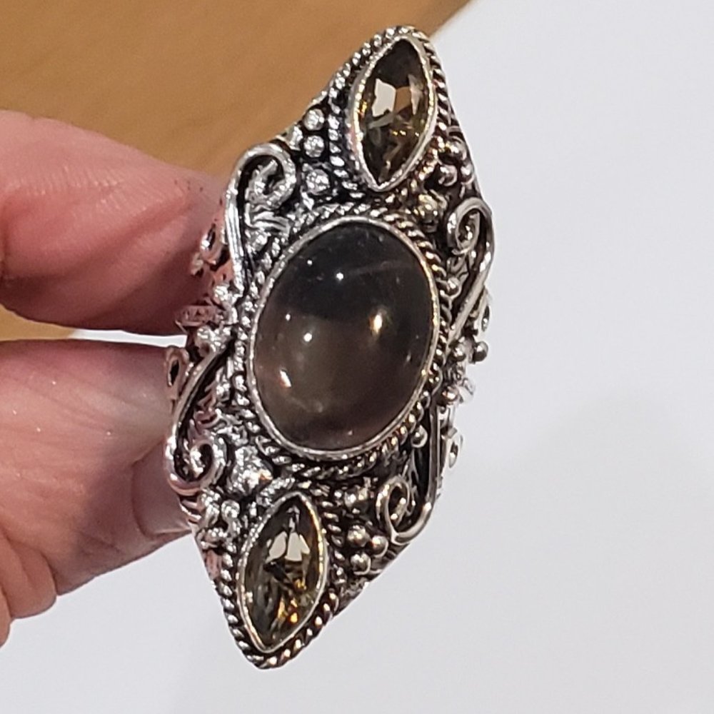 Hand Crafted Silver Ring with Smoky Brown Stones